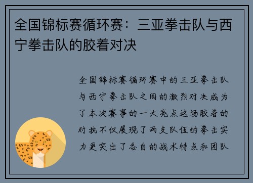 全国锦标赛循环赛：三亚拳击队与西宁拳击队的胶着对决